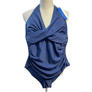 Cocopear Halter Side Shirred Swimsuit Stretch Blue Size Large Beach Vacation NWT